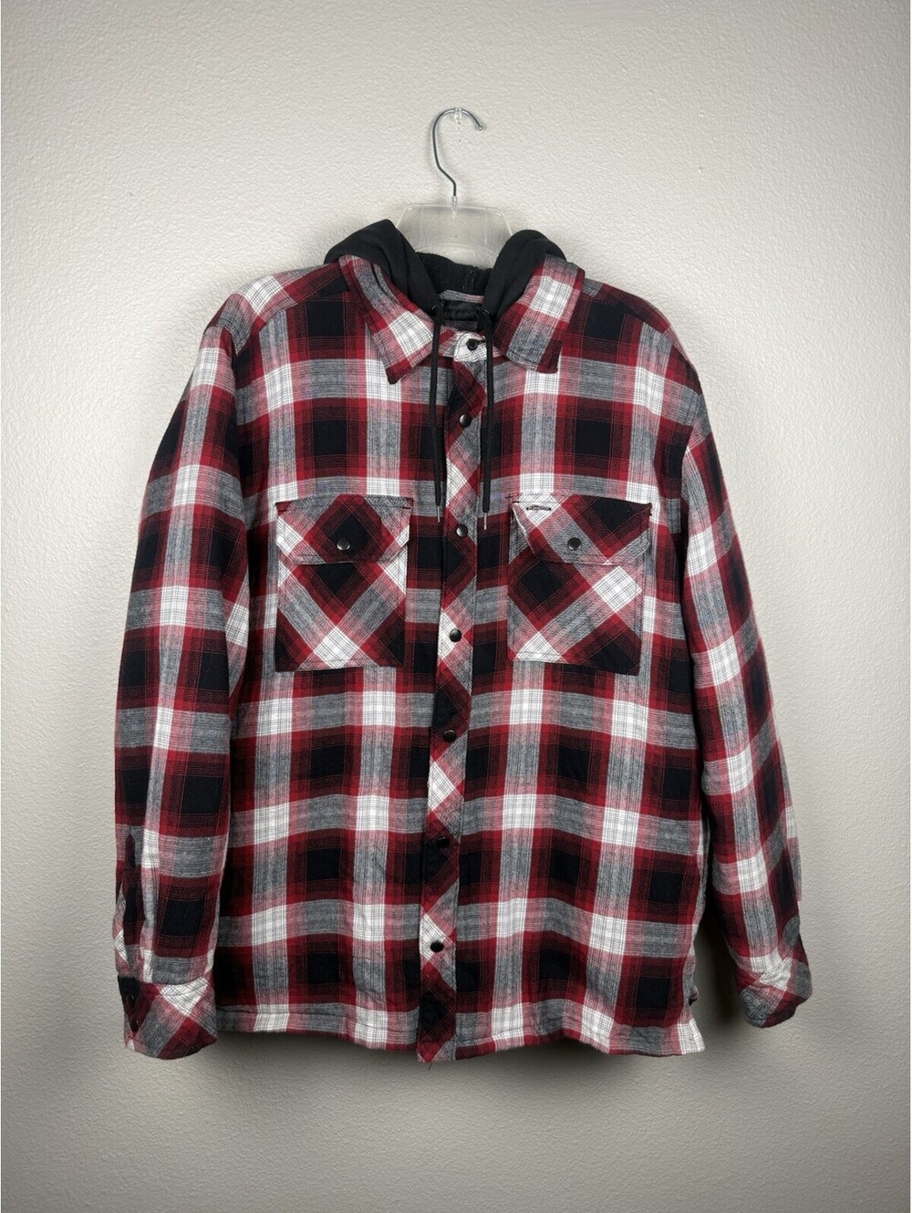 Boston Traders Hooded Quilted Flannel Shirt Jacket Mens M Plaid Snap Zip Shacket